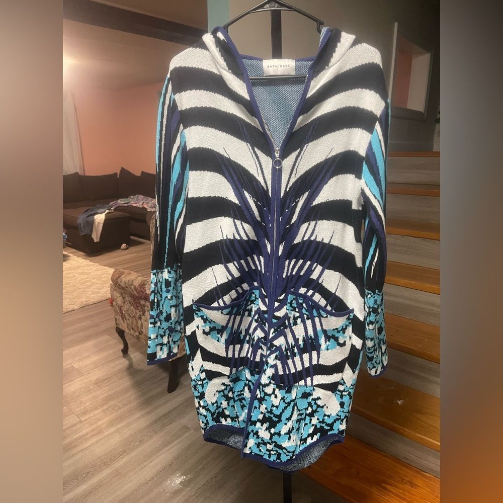 Baja East Graphic Knit Zip Hoodie Cardigan | Mermaid Ocean Print | Size 00 - Picture 2 of 5